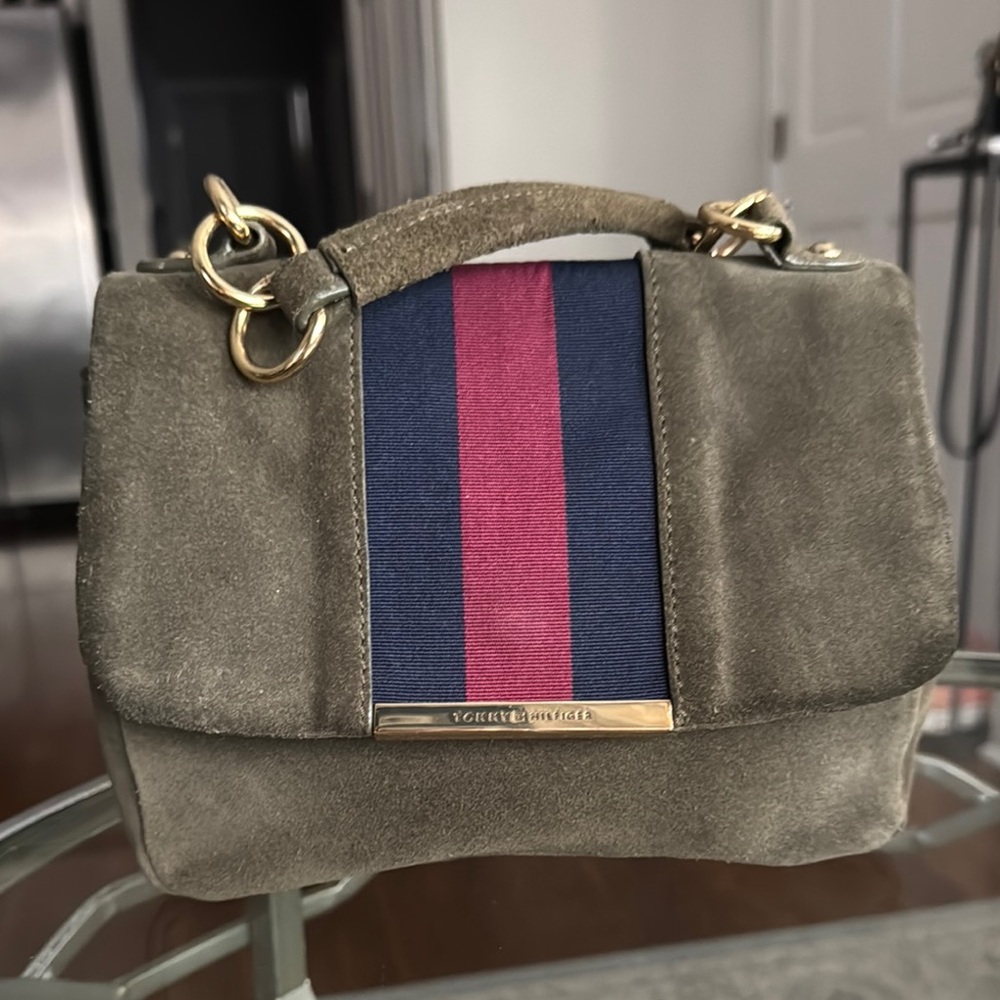 Tommy Hilfiger Olive Suede Bag with Navy and Red Stripe